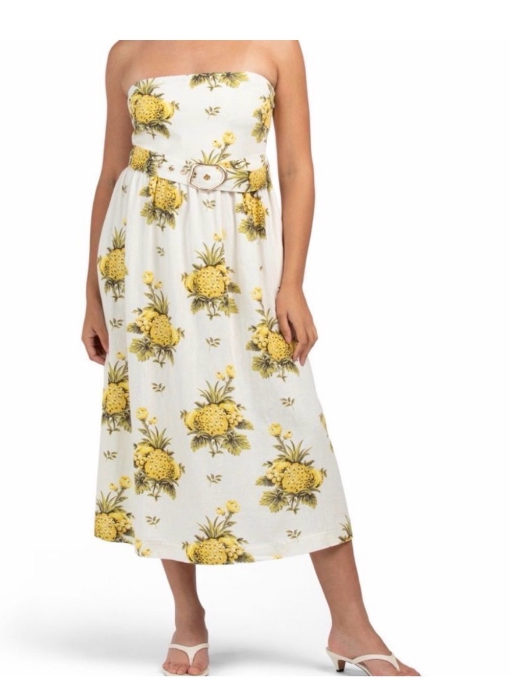 Linen Tahari White Strapless Pineapple-Print Casual Dress with Belt